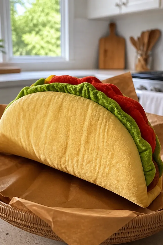 Golden taco shell with red salsa, green lettuce, and creamy white drizzle