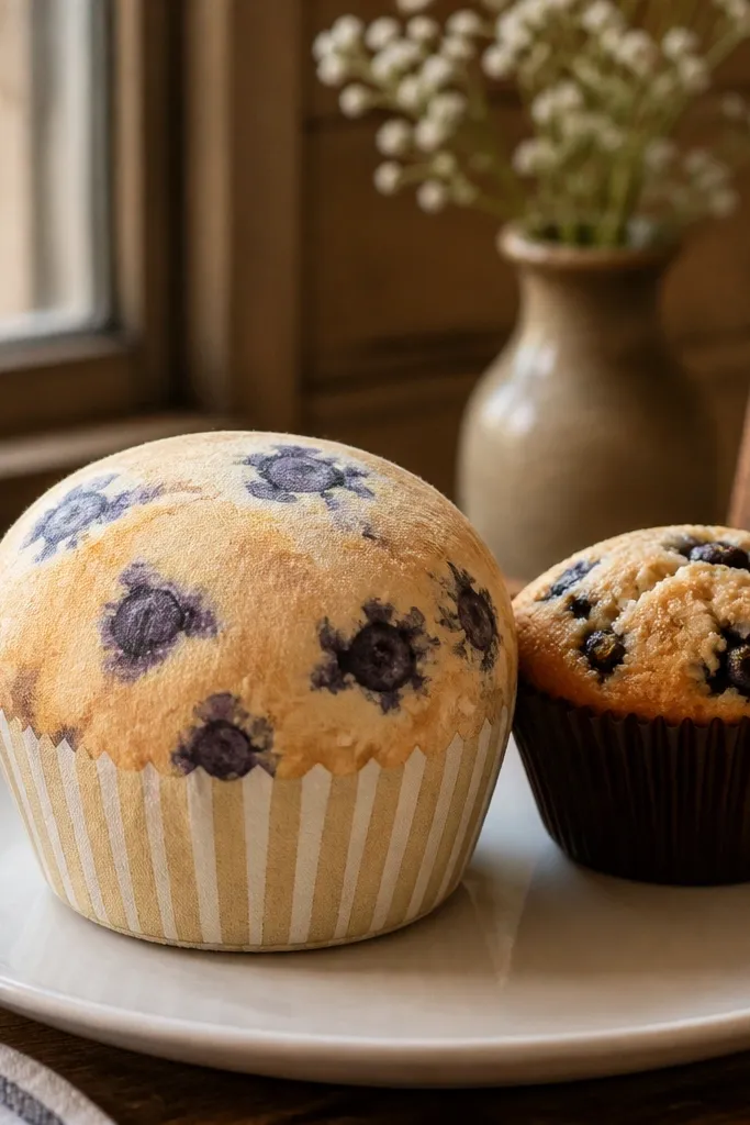 Muffin top with blue berries and golden crumb texture on a rounded squishy