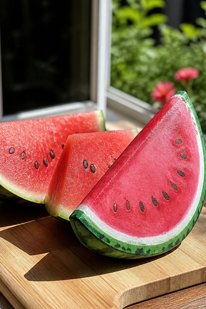 Red watermelon wedge with green rind and tiny black seed specks