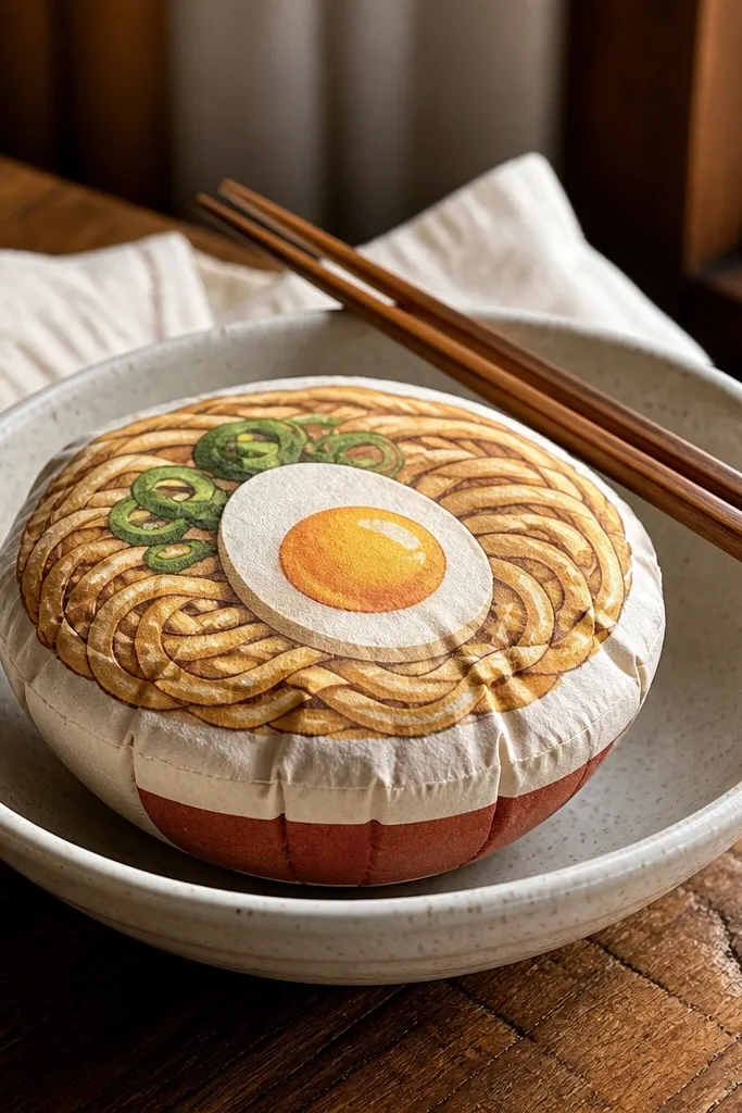 Brown ramen bowl with noodles, soft egg, and green garnish on a squishy
