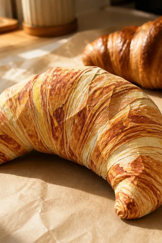 Golden croissant with layered folds and subtle shading for a soft squishy