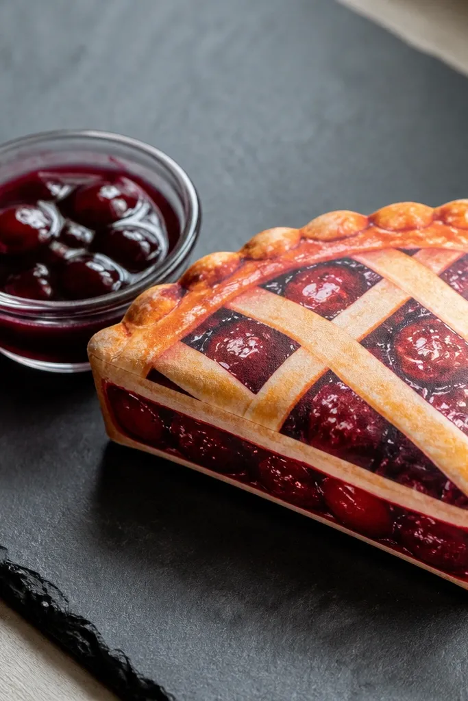 Mini cherry pie slice with glossy red filling and lattice crust