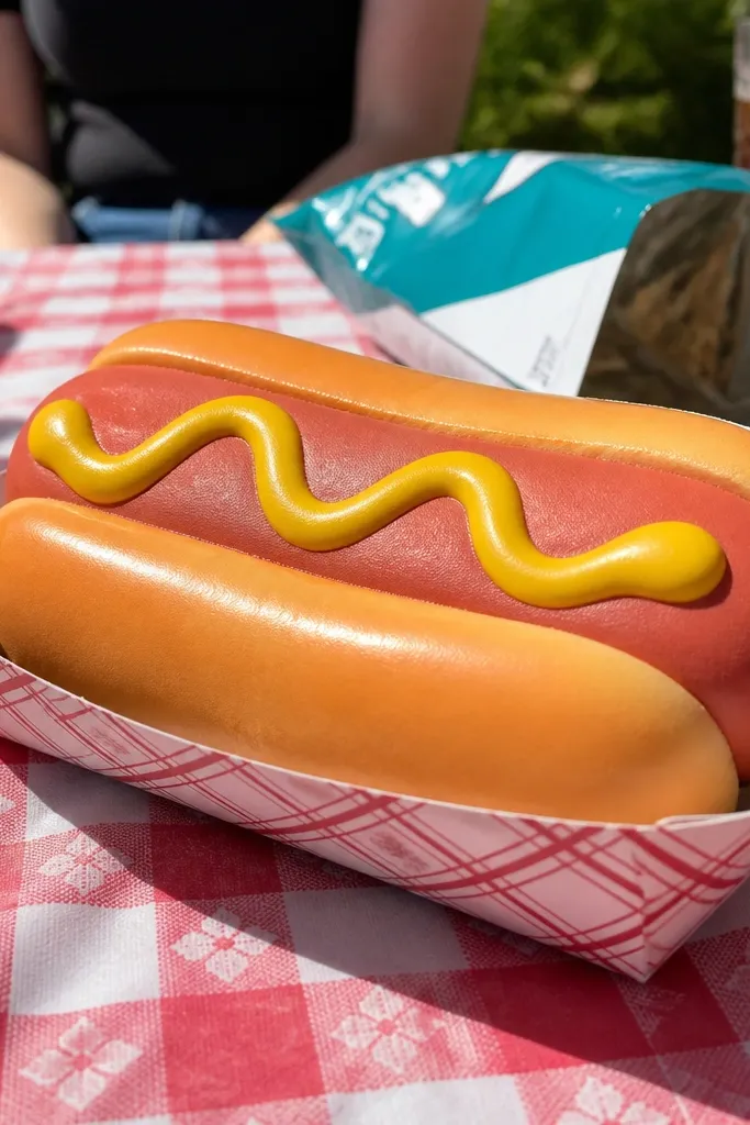 Hot dog with golden bun and mustard swirl on a soft rounded squishy