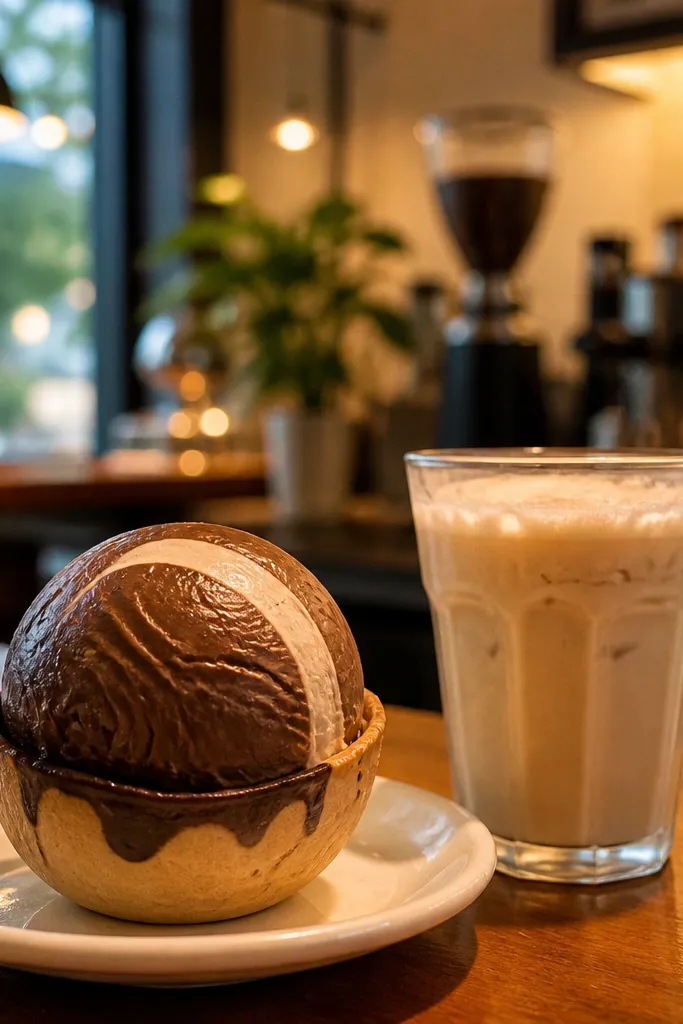Brown ice cream scoop with a smooth swirl and dark chocolate tone