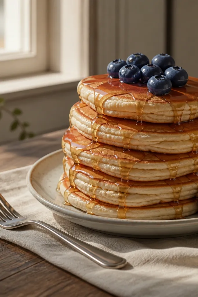 Stack of pancakes with blueberries and syrup drip lines on a soft squishy