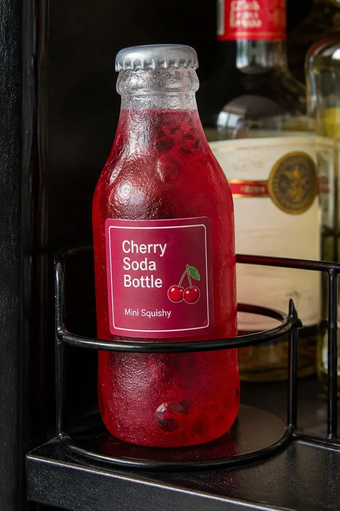 Small red cherry soda bottle with label and bubbly highlight bands