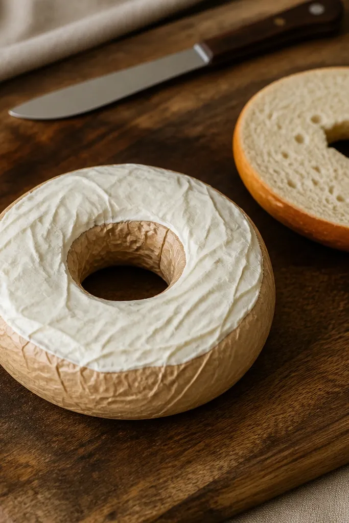 Round bagel with white cream cheese smear and soft golden crust