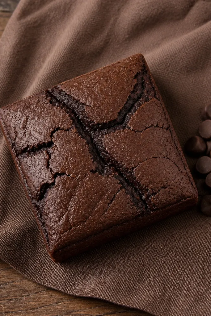 Chocolate brownie square with light crack lines and cocoa tone shading