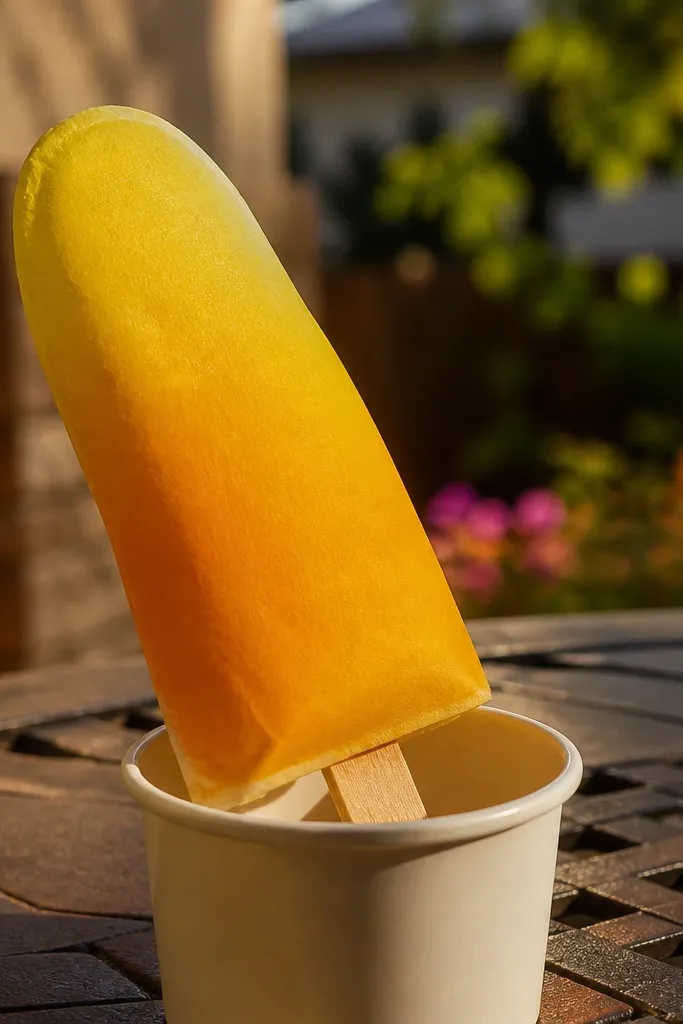 Yellow mango popsicle with bright fruit gradient and a wooden stick base