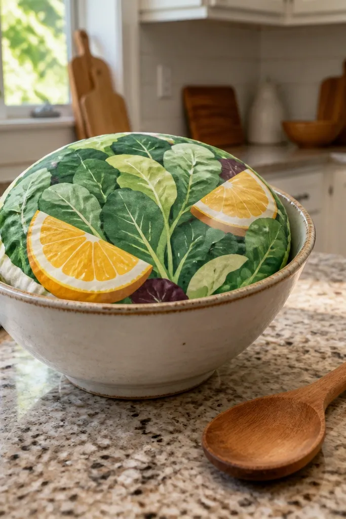 Green salad bowl with orange citrus wedges and red cherry accents on a squishy