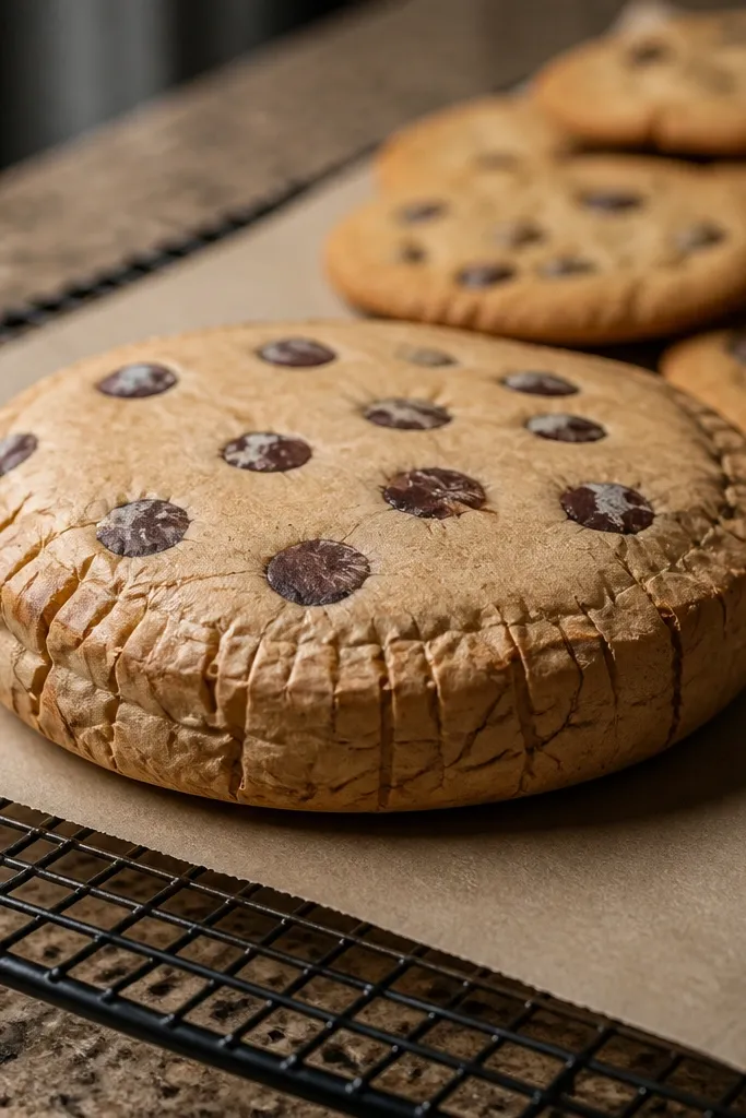Round cookie with darker chocolate chip dots and a slightly crinkled rim