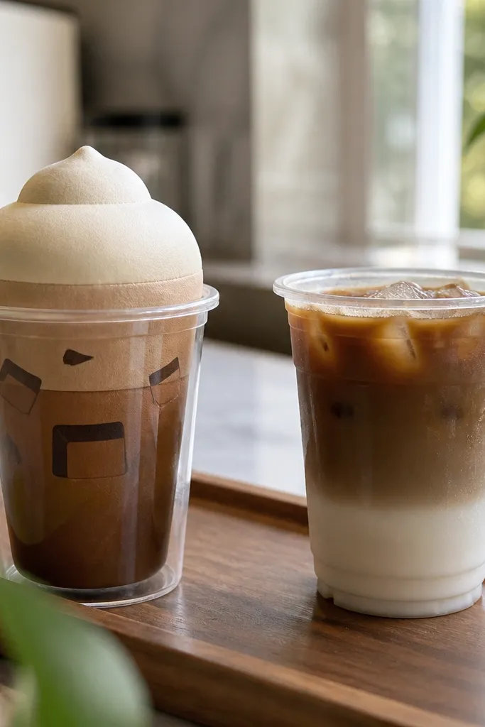 Iced coffee cup with amber drink color and white foam cap on a squishy