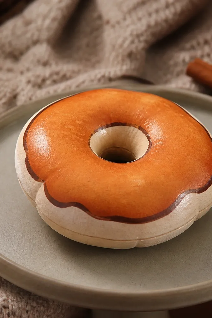 Mini donut with orange glaze and a small central hole on a soft squishy