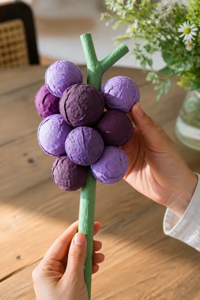 Purple grape bunch with green stem and rounded grape bubbles