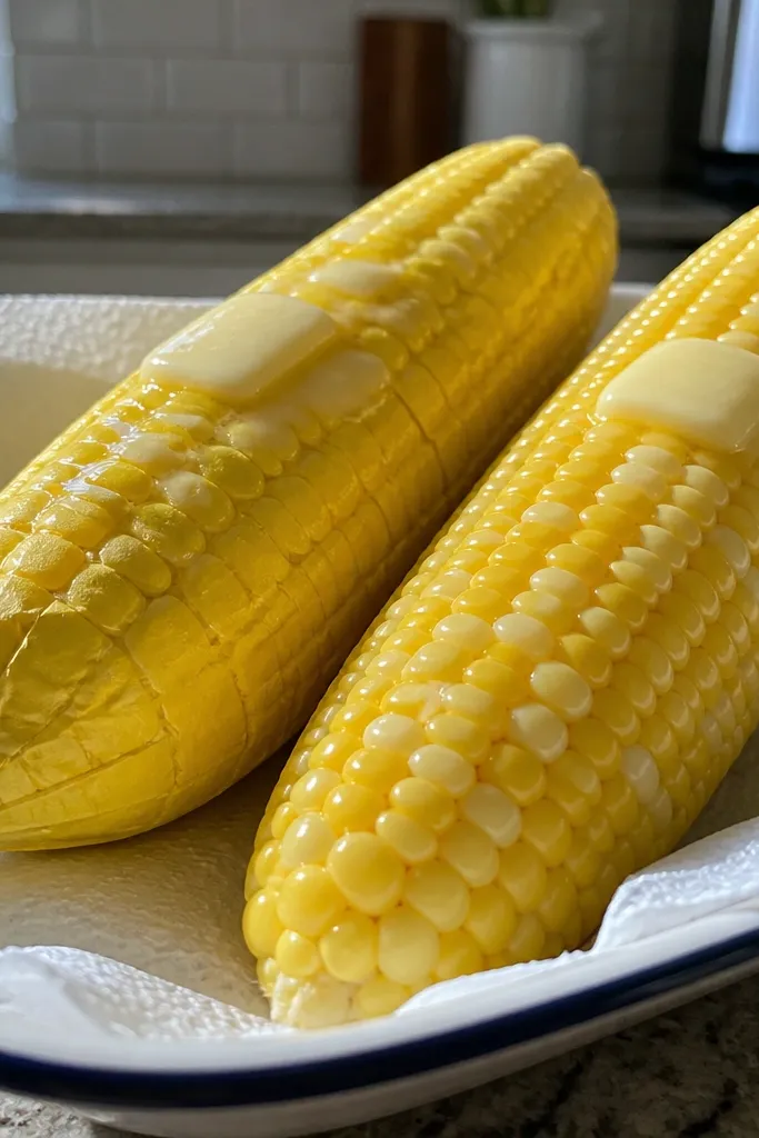 Corn cob with yellow kernels and small butter shine spots on a squishy