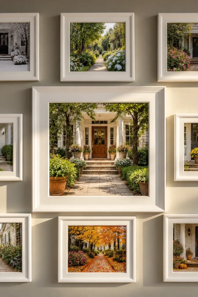 Nine frames in a square, one larger center frame, white mats, black borders