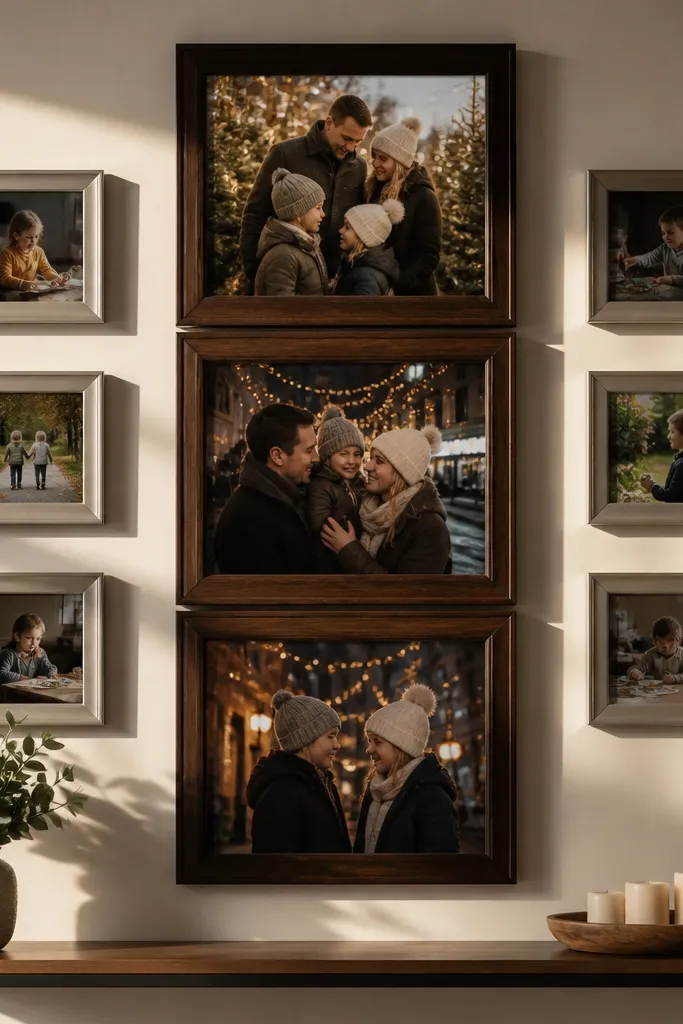 Tall central frame with two smaller frames on each side, light wood frames