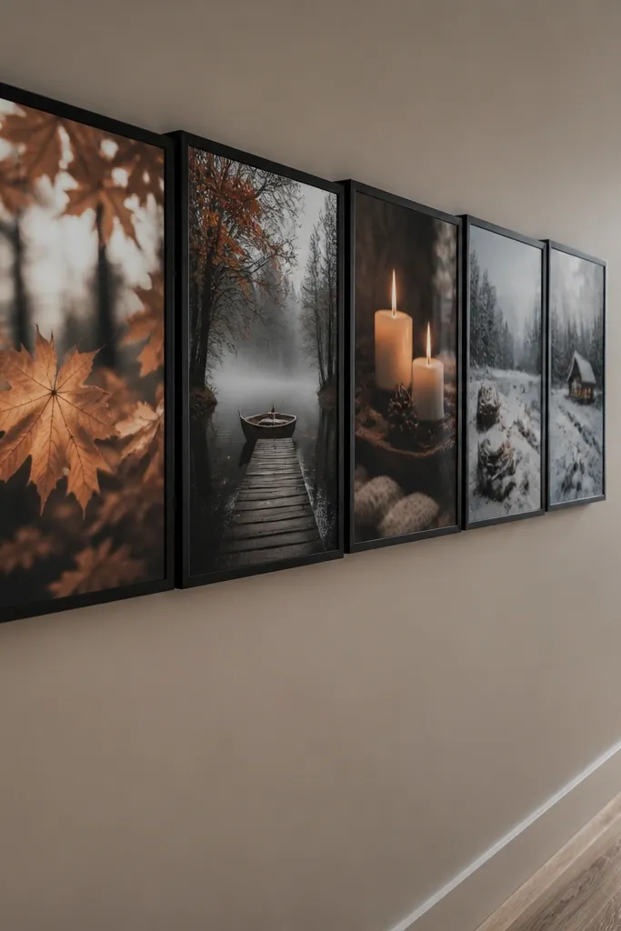 Frames slightly staggered with overlapping edges, gallery-style wall arrangement