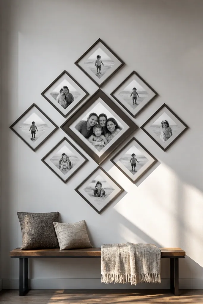 Frames arranged like a diamond pattern, tilted squares with consistent spacing