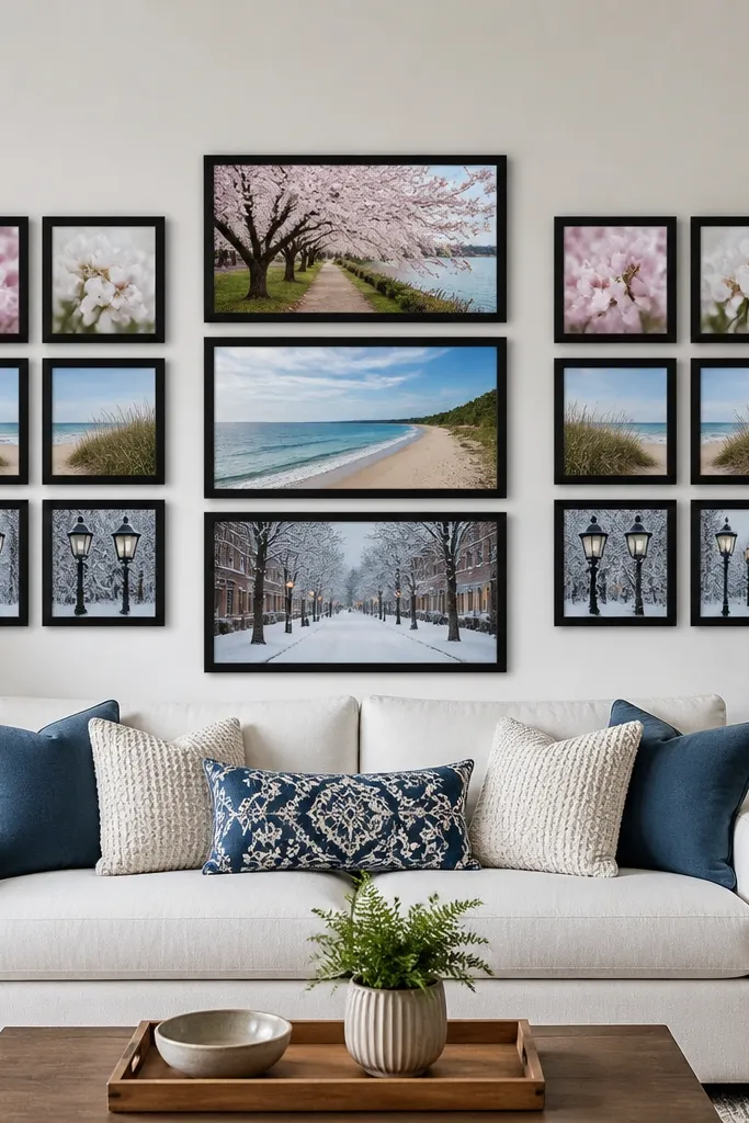 Two matching clusters on left and right, centered vertical stack of frames