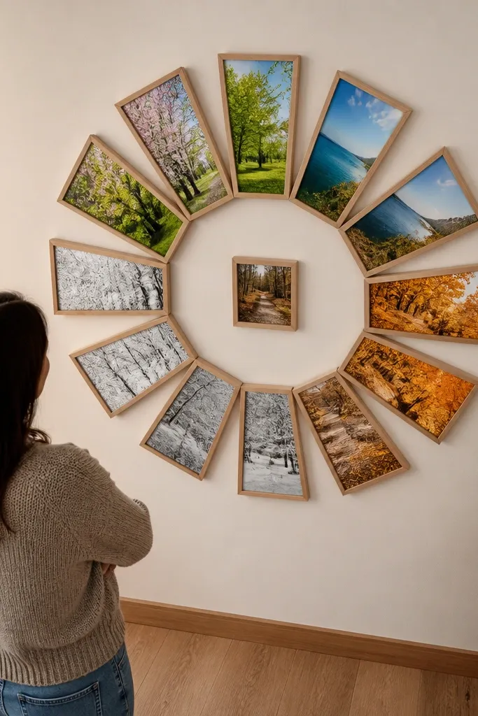 Frames arranged in a circular ring feel, twelve frames around a center space