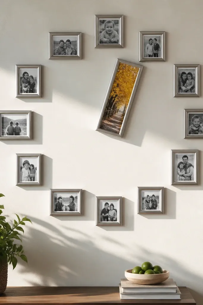 Frames arranged like clock numbers, with one longer frame as accent