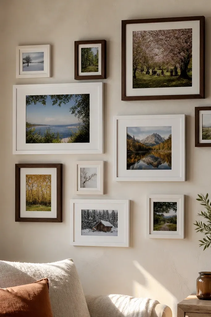 Asymmetrical collage with repeated frame sizes, clean gaps, modern look