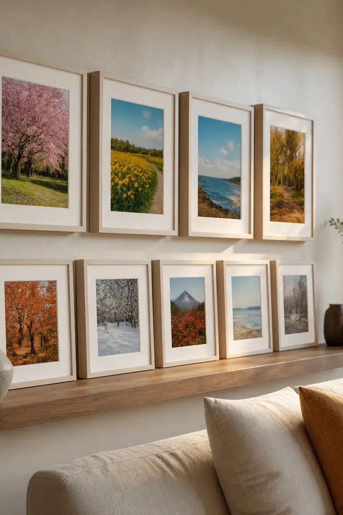 Lower row of frames straight, top row slightly offset and raised