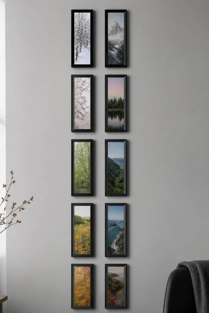 Narrow vertical frames aligned like book spines, consistent spacing