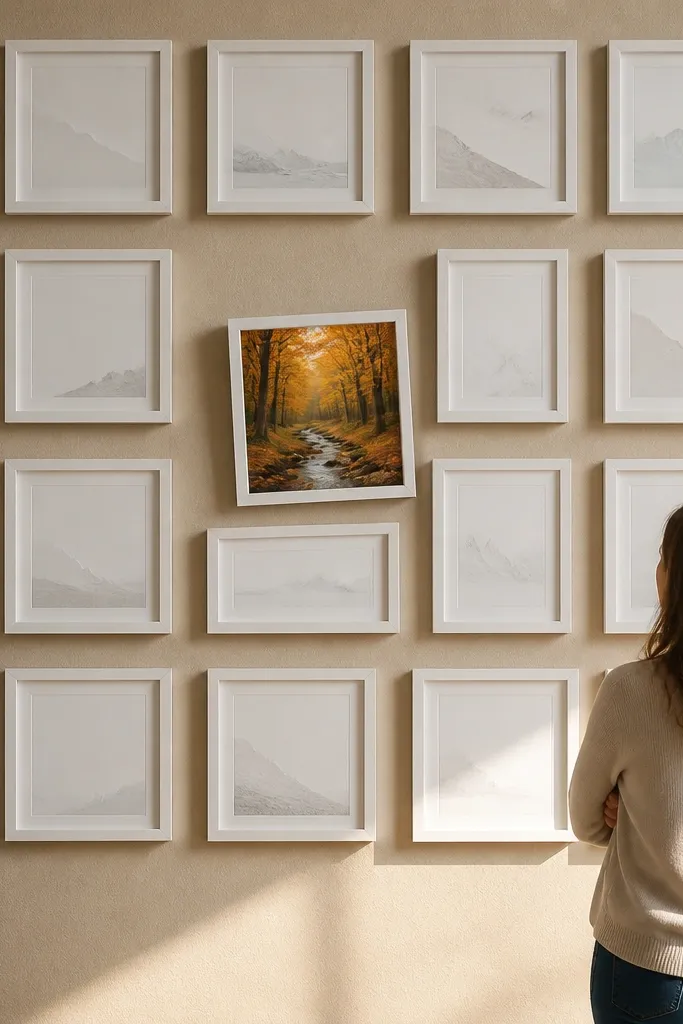 Mostly aligned grid of frames with one slightly tilted frame as accent