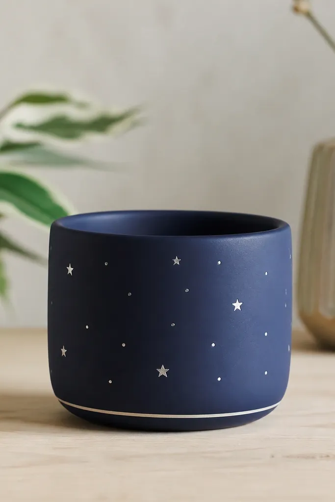 A small dark navy pot with a smooth matte finish. Over the body are scattered tiny silver dots and a few small five-point stars. The bottom edge has a thin white line that frames the design.
