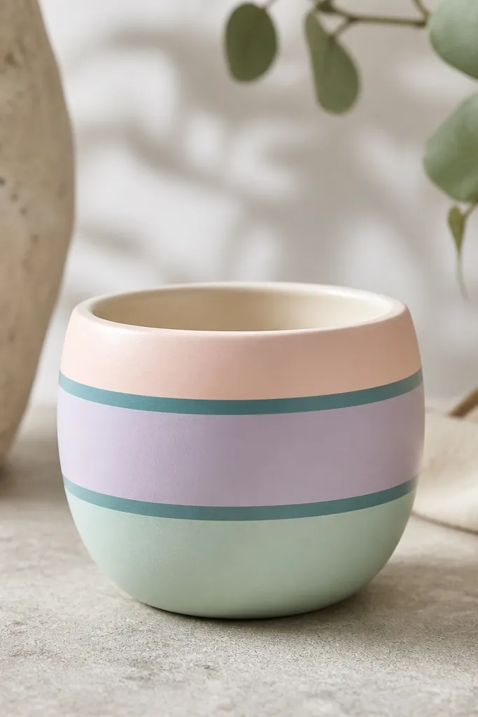 A small pot painted in horizontal pastel stripes - blush pink, soft lavender, and pale mint. Two teal accent bands run near the top and mid-body, with crisp edges between colors.