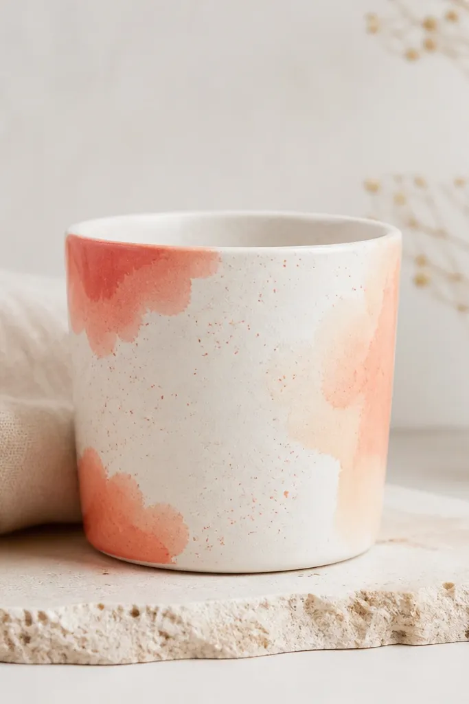 A small pot with a mostly white base. Three corners have watercolor-style washes in coral and soft peach, fading into the white with feathered edges. There's a faint speckle texture like paint splatter.