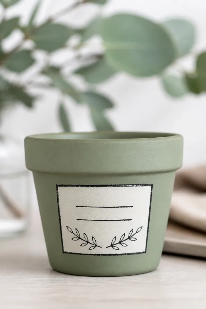 A small pot painted in a muted sage green. A rectangular "label" area is painted off-white with a black faux chalk border. Inside the label are short lines of handwritten text and tiny leaf doodles.