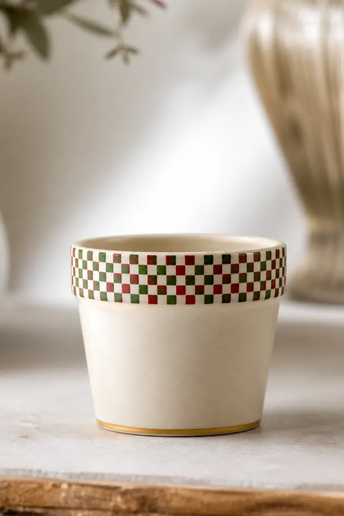 A small pot with a cream base and a rim wrapped in tiny red-and-green check squares. The checks are painted in neat grid lines, and the bottom edge has a thin gold line.
