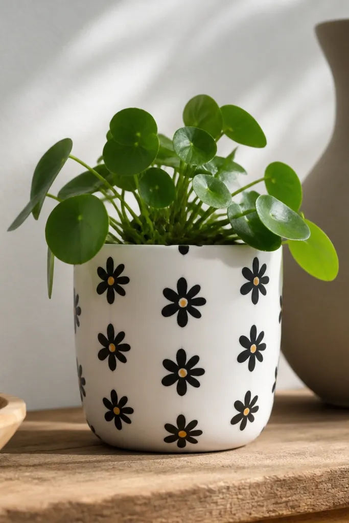 A small pot painted matte white with repeating black daisies. Each daisy has a tiny yellow dot center and simple rounded petals. The pattern lines up in a gentle vertical rhythm.