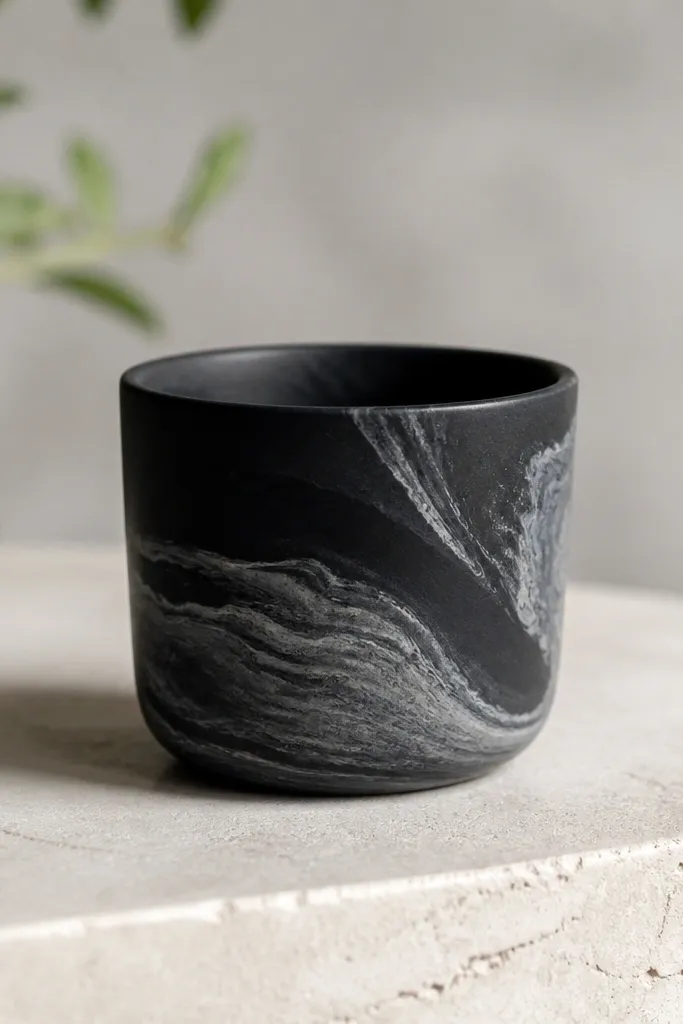 A small pot with a deep black or charcoal base and flowing gray marbling veins. The marbling has soft feathered edges and a few lighter streaks. The top rim stays dark and clean.