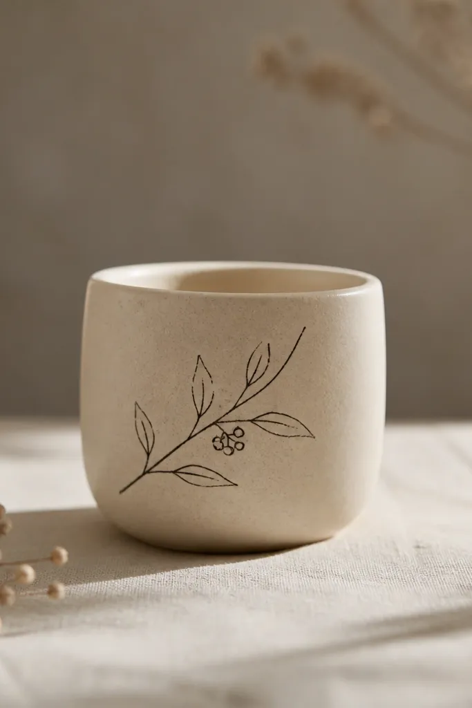 A small pot with a light sand beige base. On one side is black branch line art with tiny leaves and three small berries dots. The lines look like a fine pen drawing.