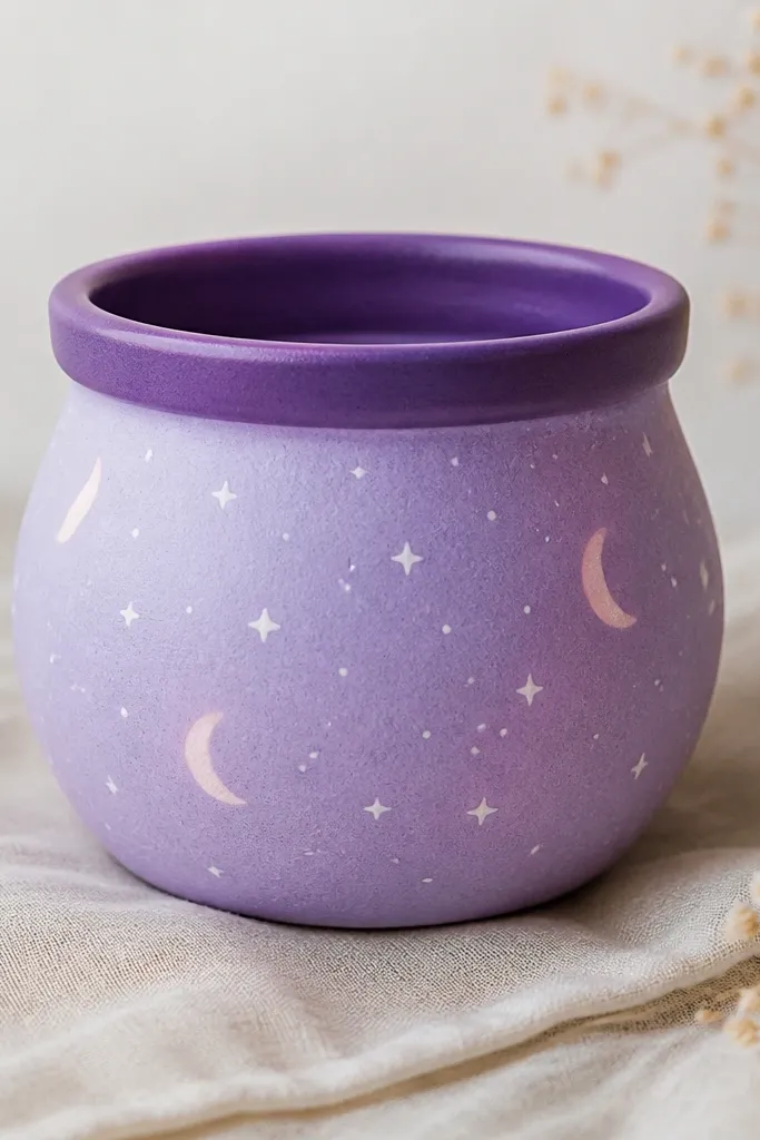 A small pot painted a soft lavender-purple gradient. Over it are tiny white dots like stars and a few pale pink crescent moons. The rim has a darker purple band.