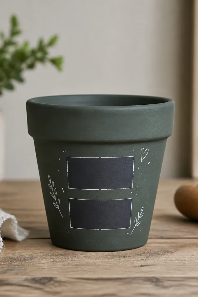 A small pot painted chalkboard green with two small matte panels where white chalk-like paint text sits. The panels are rectangular and slightly uneven for a handmade feel. There are tiny doodles in white.