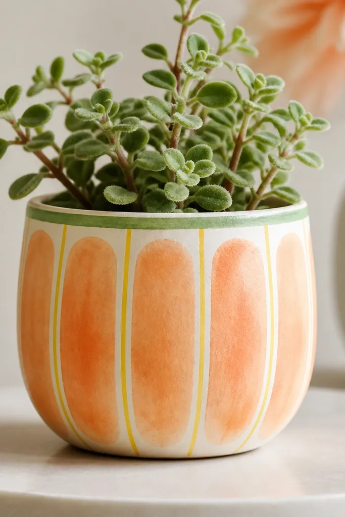 A small pot painted white with vertical citrus segments. Each segment has a soft orange watercolor wash. Yellow lines separate the segments, and a thin green stripe marks the top rim.