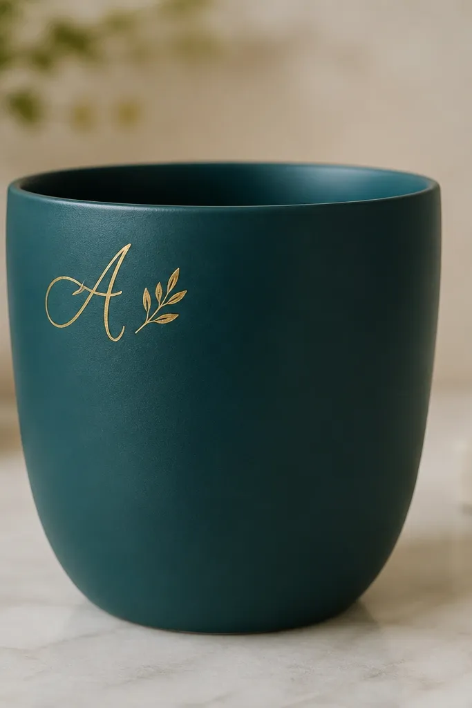 A small pot with a deep teal base. In one upper corner there's a gold-painted script initial. A small gold leaf shape sits near the monogram, and the rest of the pot is clean and solid.