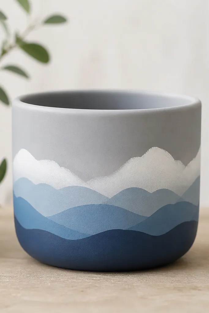 A small pot painted matte light gray. Across the bottom is a set of layered blue hills like snowdrifts. Above the hills are white snowcaps with soft brush edges. The top rim stays gray.