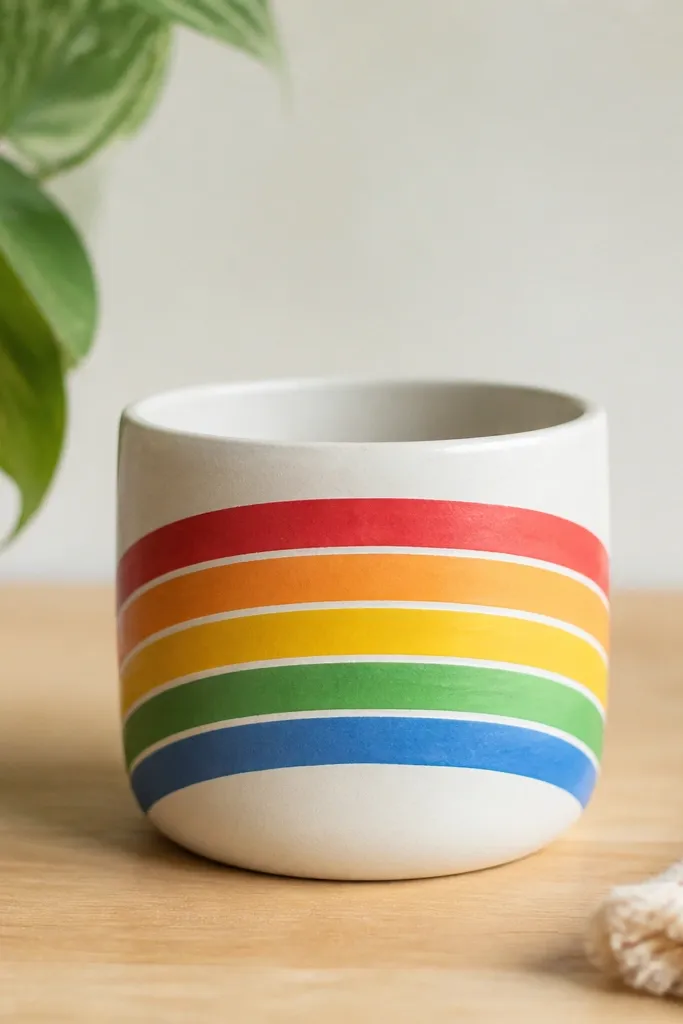 A small pot with a white base and a painted rainbow band across the middle. The rainbow has 5 curved stripes - red, orange, yellow, green, and blue - separated by thin white lines. The rim is plain white.