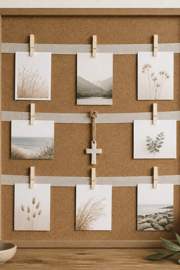 A natural cork prayer board. Linen ribbon strips run horizontally, holding small printed prayer prompts with clothespins. A small cross charm hangs at the center with twine.