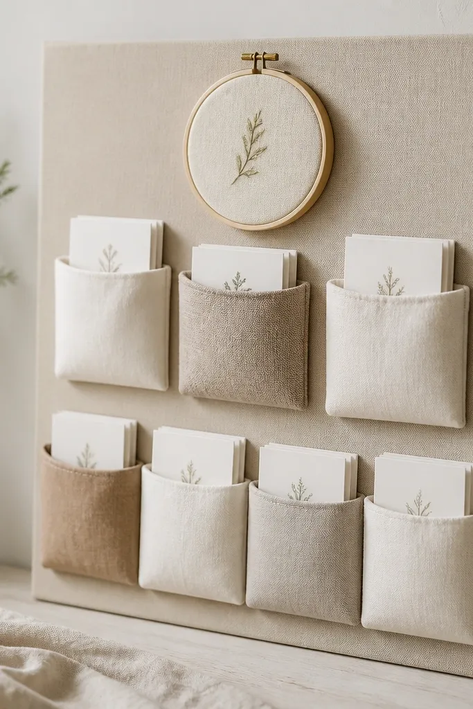 A stretched canvas board in sand beige. Several fabric pockets in cream and taupe hold folded prayer cards. A small embroidery hoop with a simple word sits above the pockets.