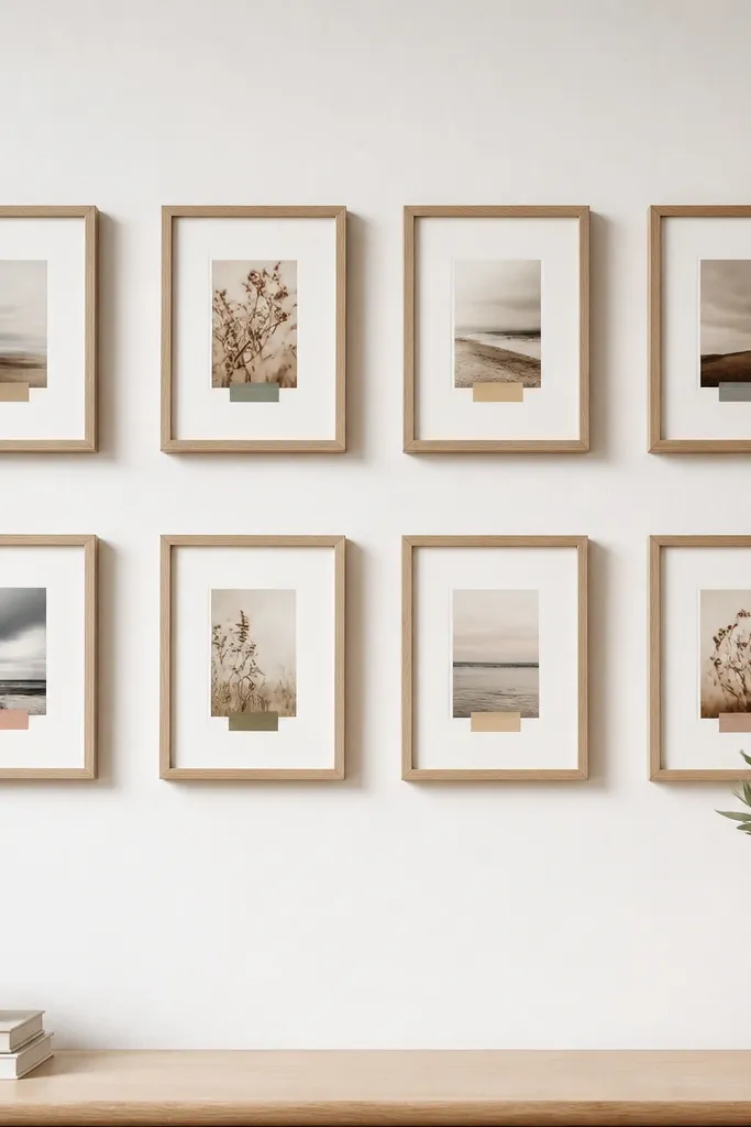 A set of evenly spaced small frames on a white board. Each frame holds mini prints of verses. Some prints have thin washi tape tabs at the bottom in muted colors.