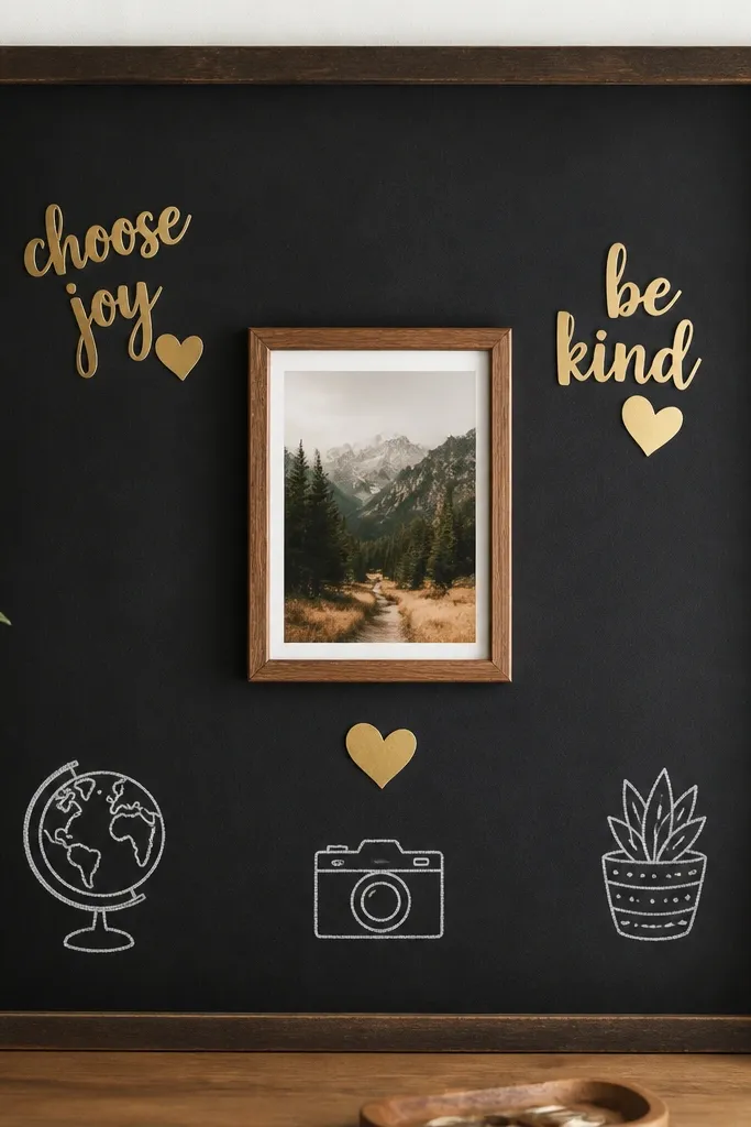 A matte chalkboard panel with a few gold foil sticker phrases. A small framed photo sits in the middle, and three chalk-drawn icons are near the bottom corners.