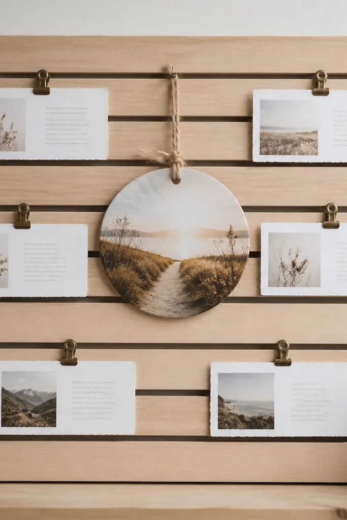 A light wood slat board with evenly spaced horizontal slats. Small metal clips hold printed scripture strips. The center has a round photo medallion with twine.