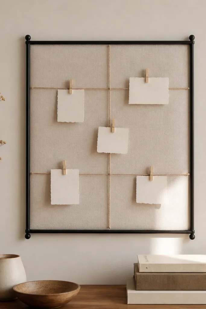 A black iron frame with a neutral fabric backing. Linen twine runs in a soft cross pattern. Small note cards are tied with mini cloth knots.